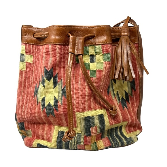 Vintage Handbags - Vintage Multicolor Patterned Bucket Bag, Southwestern, Tribal, Tassel Carpet Bag